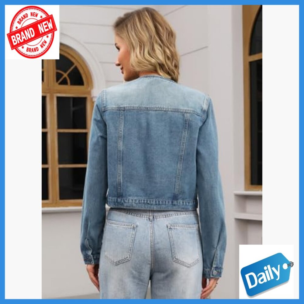 Classic Denim Jacket Collarless Button Down Long … - image 4